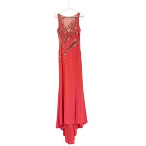 Elegant coral Evening Gown with Embellished Bodice. BRAND NEW